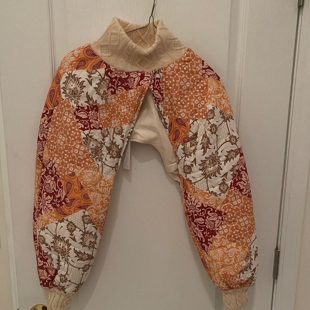House of Harlow Shrug Paisley Patchwork Knit Jacket with Orange and Red Patterns